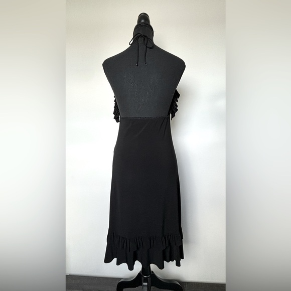Women's Elegant V Neck Ruffle Trim Open Back Halter Black Cocktail Dress Midi M - Picture 8 of 8